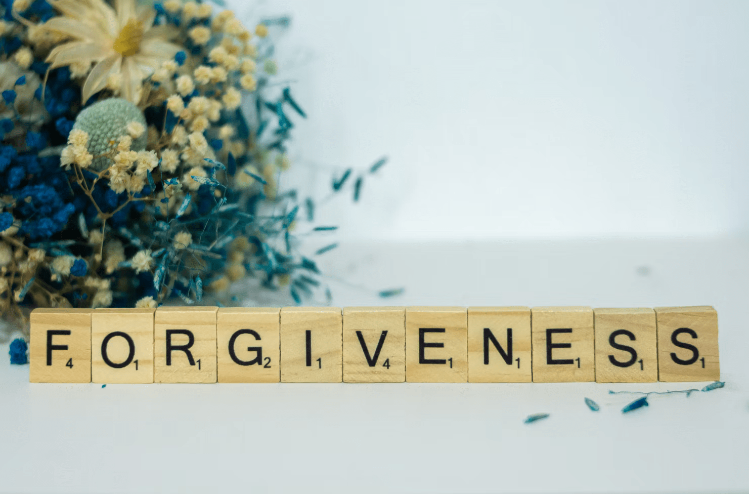 dice with letters folded into the word "forgiveness"
