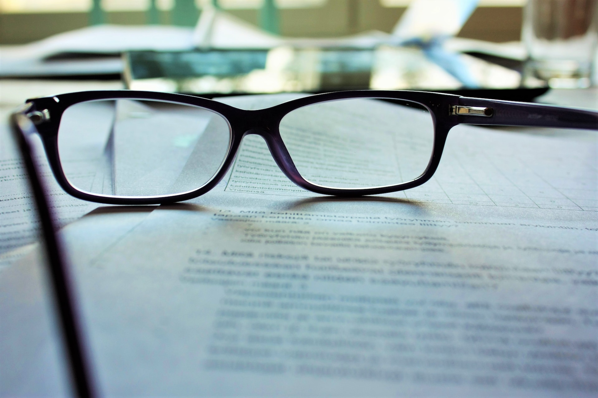 View of glasses on a contract.